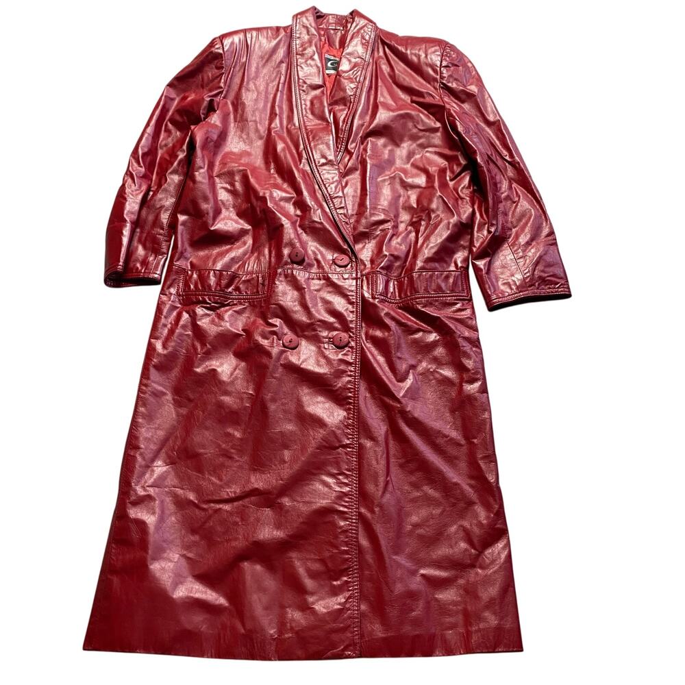 Vintage GIII G3 Red Double Breasted Long Genuine Leather Jacket Coat Size Medium